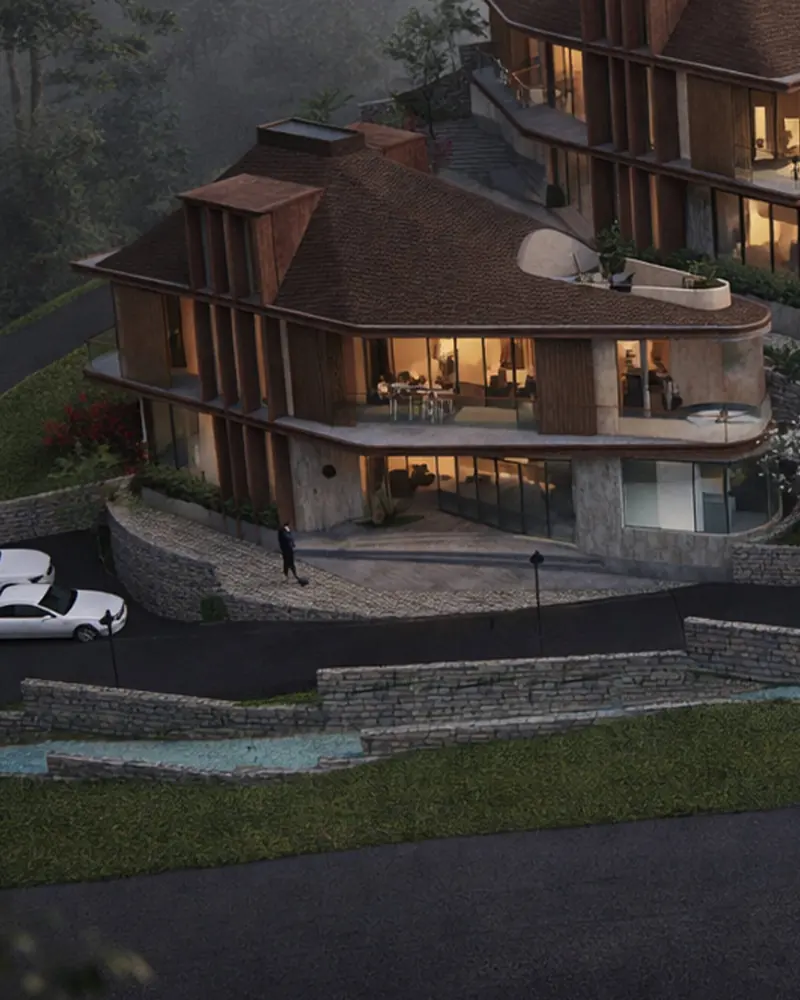 Villa Terrana on the lower terrace, with a curved glass living room and terrace garden